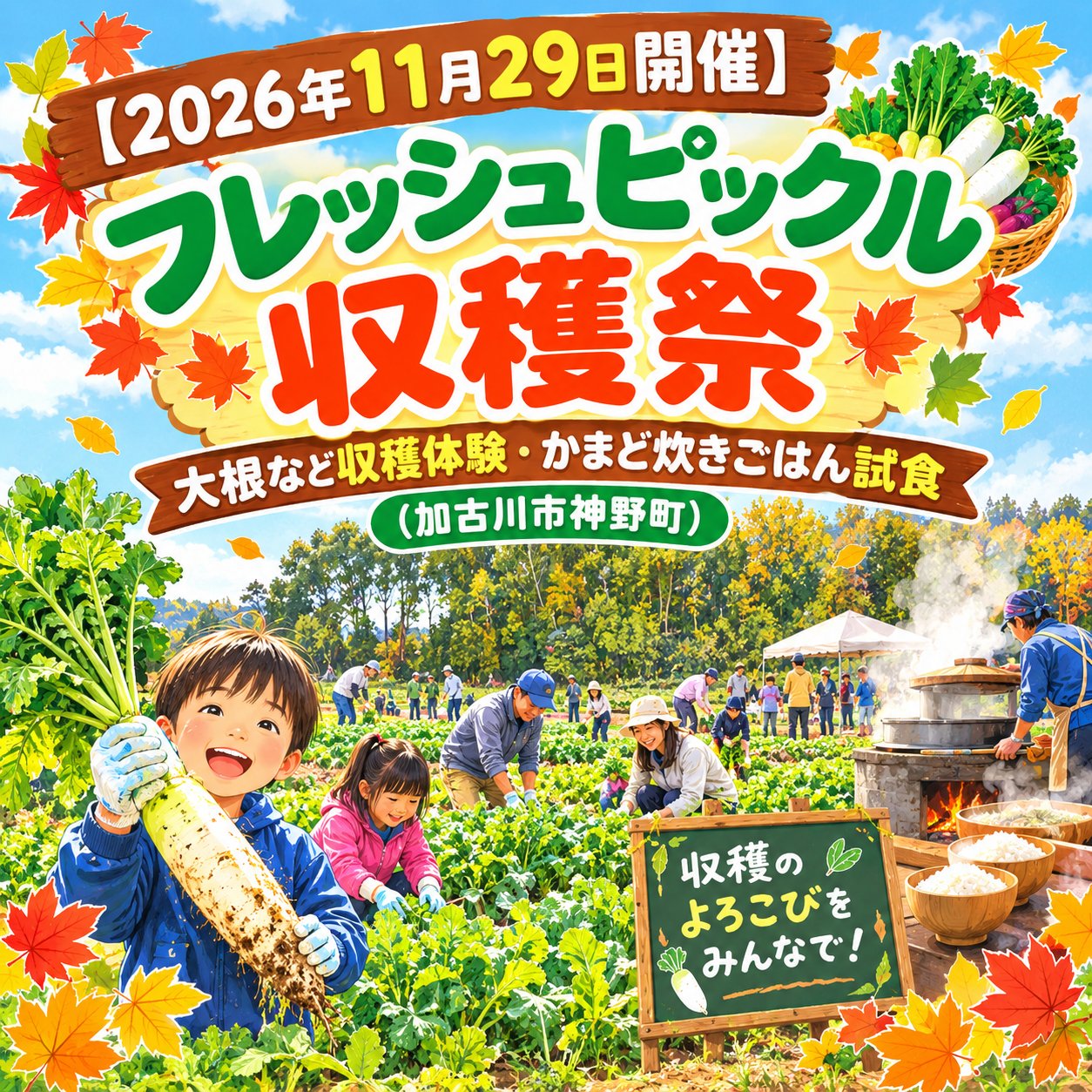 【2026年11月29日開催】「フレッシュピックル収穫祭」大根など収穫体験・かまど炊きごはん試食(加古川市神野町)