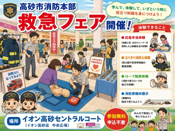 高砂市消防本部 救急フェア開催 イオン高砂セントラルコート 応急手当体験 なりきり消防士体験 ロープ結索体験 消防資機材展示