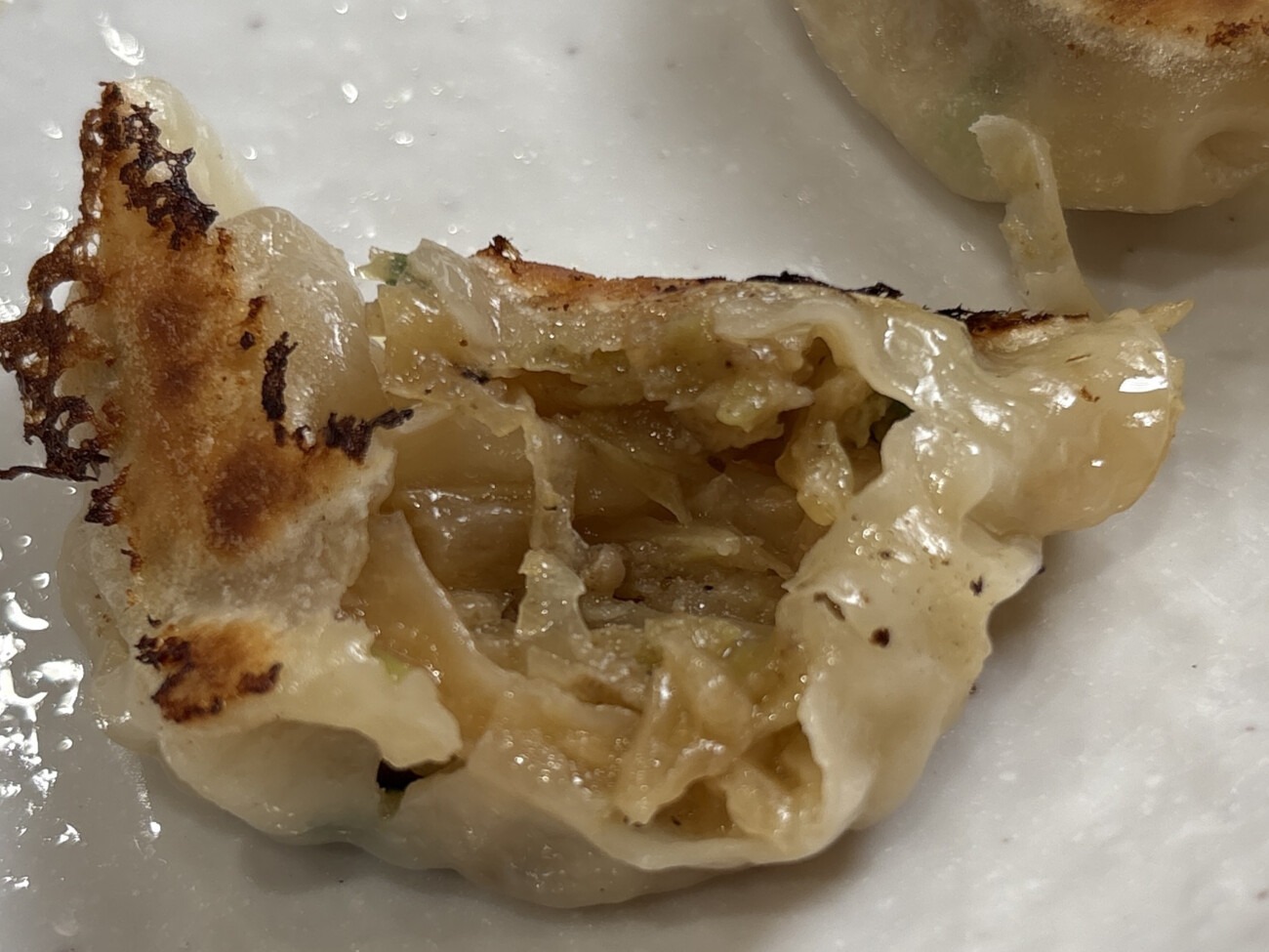 ラーメン芳蘭の焼き餃子の断面 具材たっぷりでジューシー