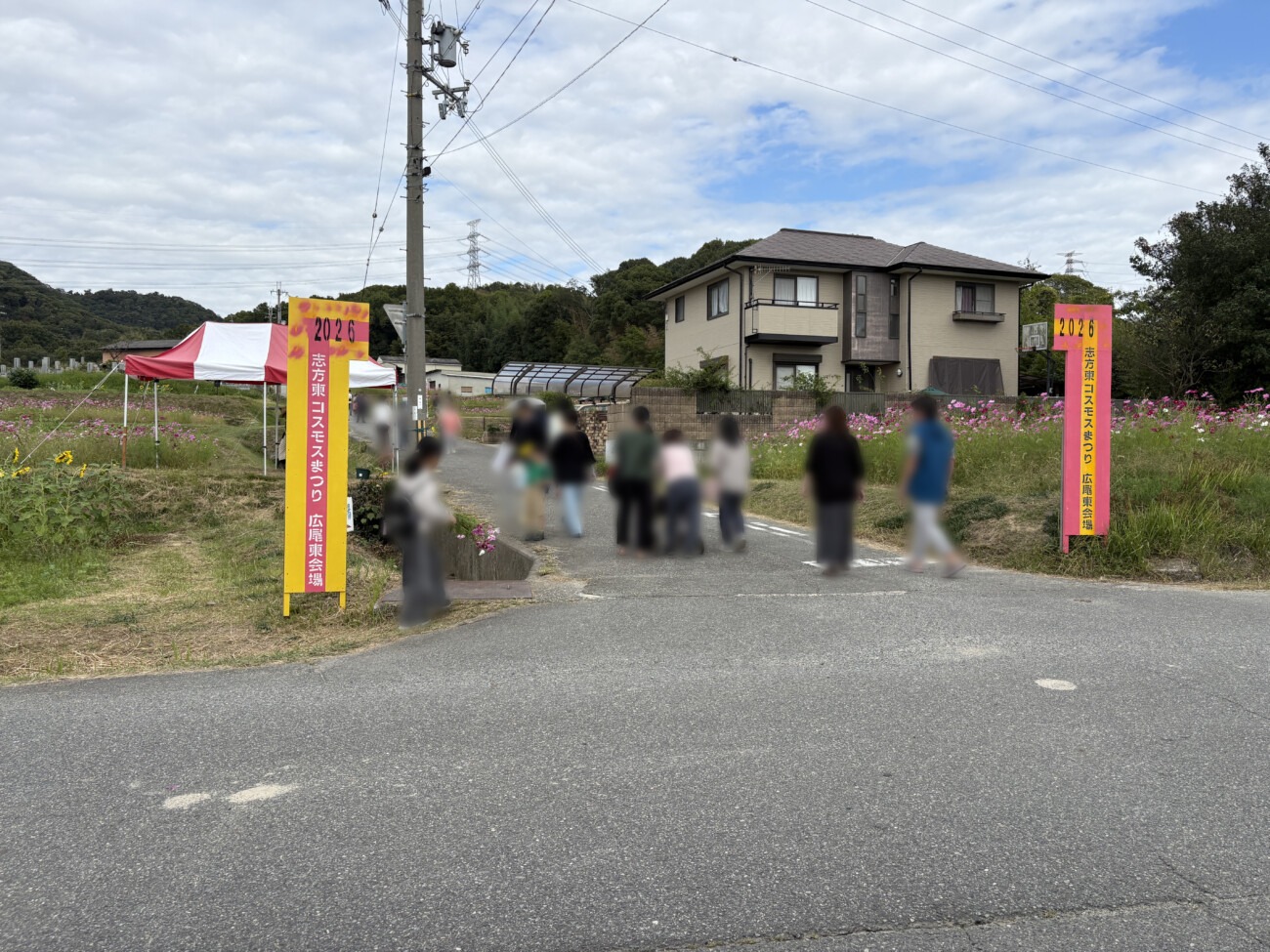 「2026 志方町コスモスまつり 広尾東会場」ののぼりが立つ北側会場の入口
